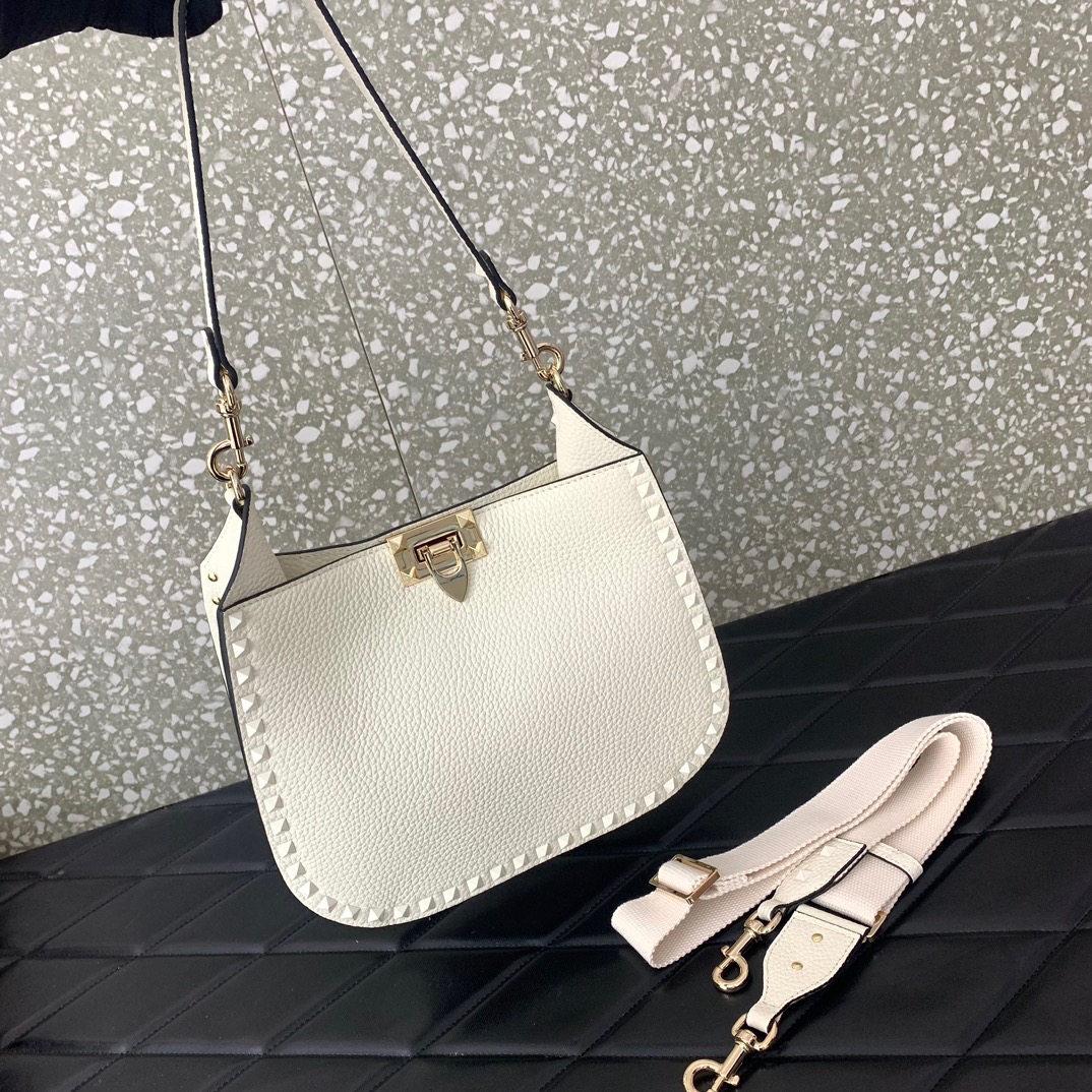 Valentino Garavani Rockstud Hobo Bag in Ivory Grainy Calfskin